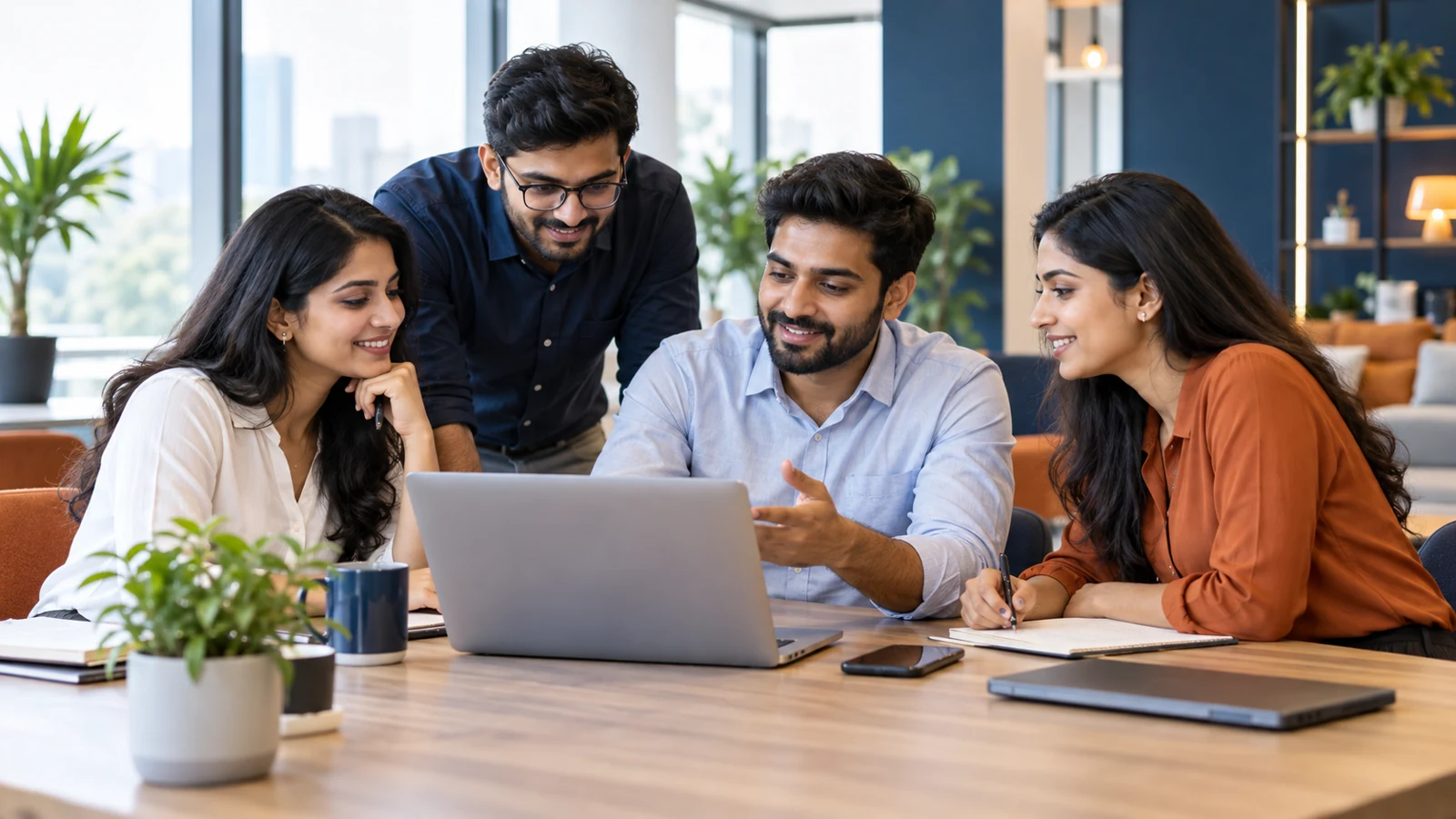 Illustrative scene of Indian technology professionals collaborating around a laptop