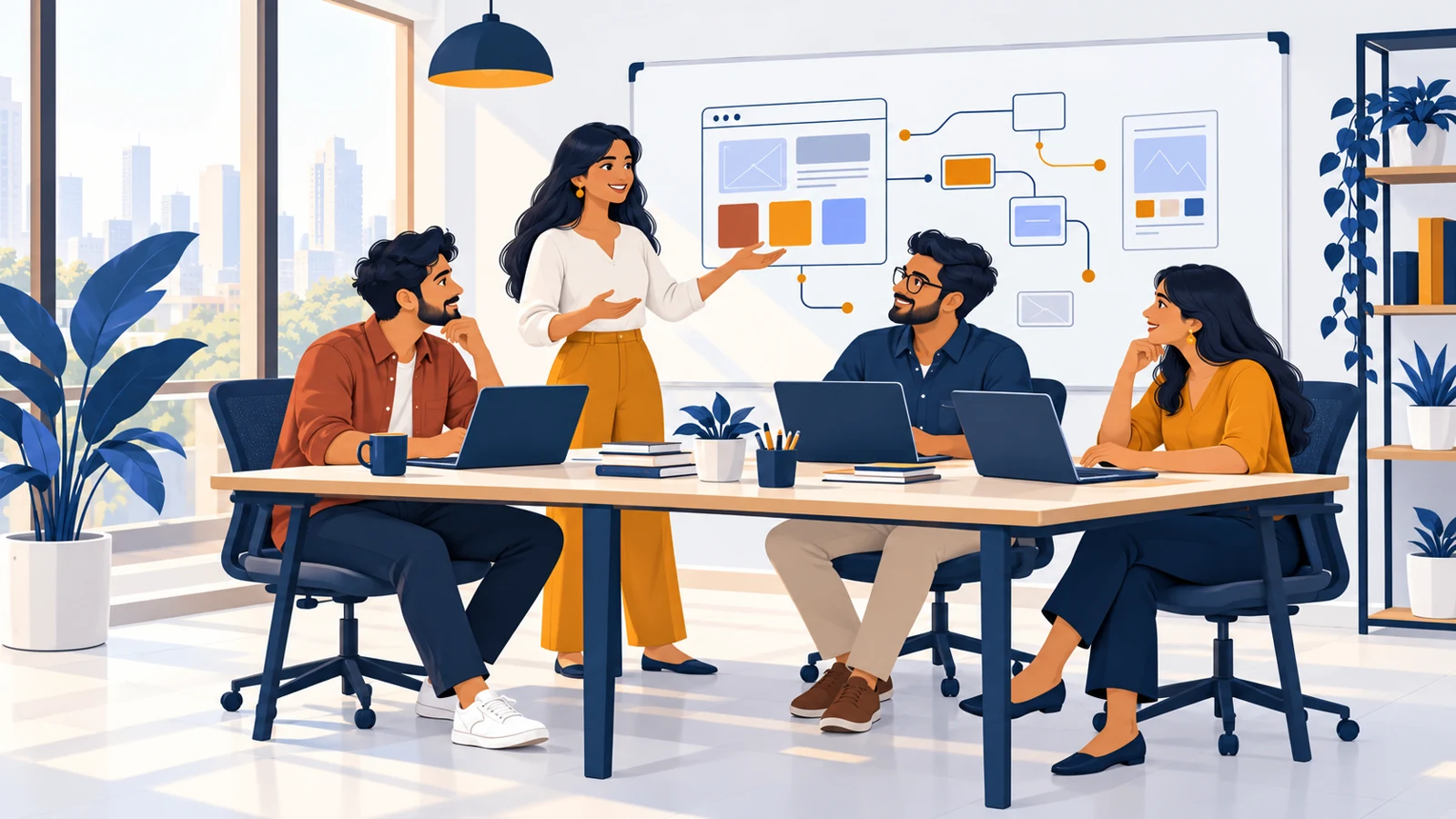 Illustrated technology team collaborating in a bright office