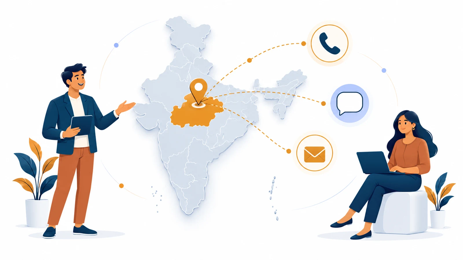 India map with contact icons and Gwalior pin